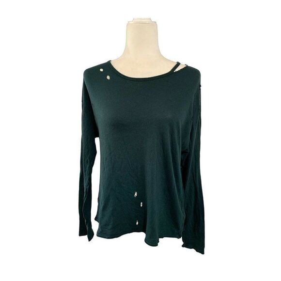 michael stars womens solid pine green long sleeve holed top t shirt - Picture 1 of 5
